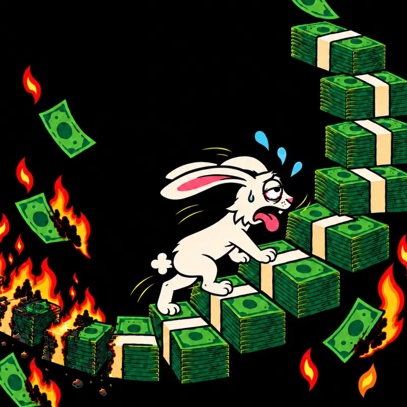 Un lapin blanc épuisé, langue pendante, gravit un escalier de liasses de billets pendant que les marches derrière lui partent en flammes.