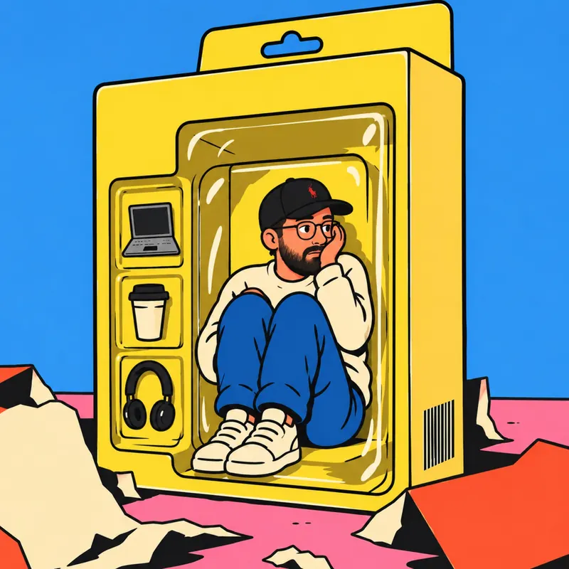 Gianni assis dans un emballage de jouet jaune, vendu avec ses accessoires : un ordinateur, un café, un casque.