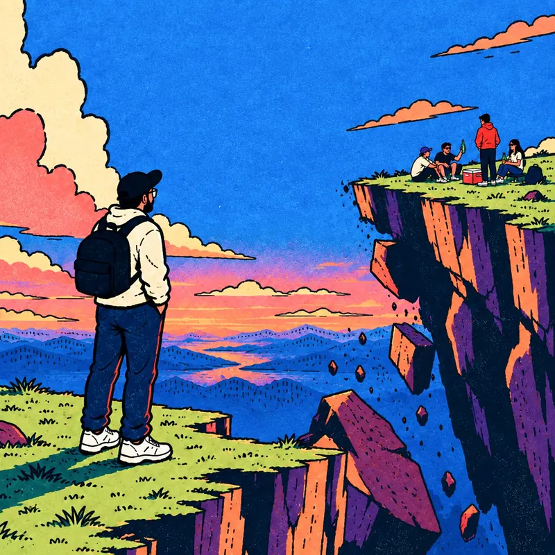Gianni, sac au dos, au bord d’une falaise. En face, ses amis trinquent sur un autre rocher qui s’éloigne en s’effritant.