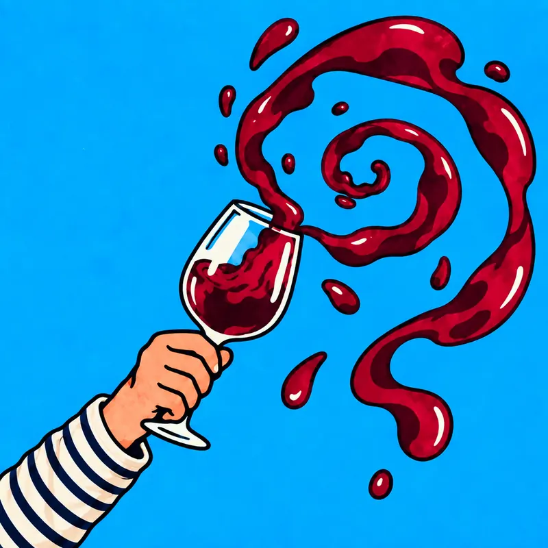 Un bras en marinière lève un verre de vin rouge qui s’échappe en spirale dans le ciel.