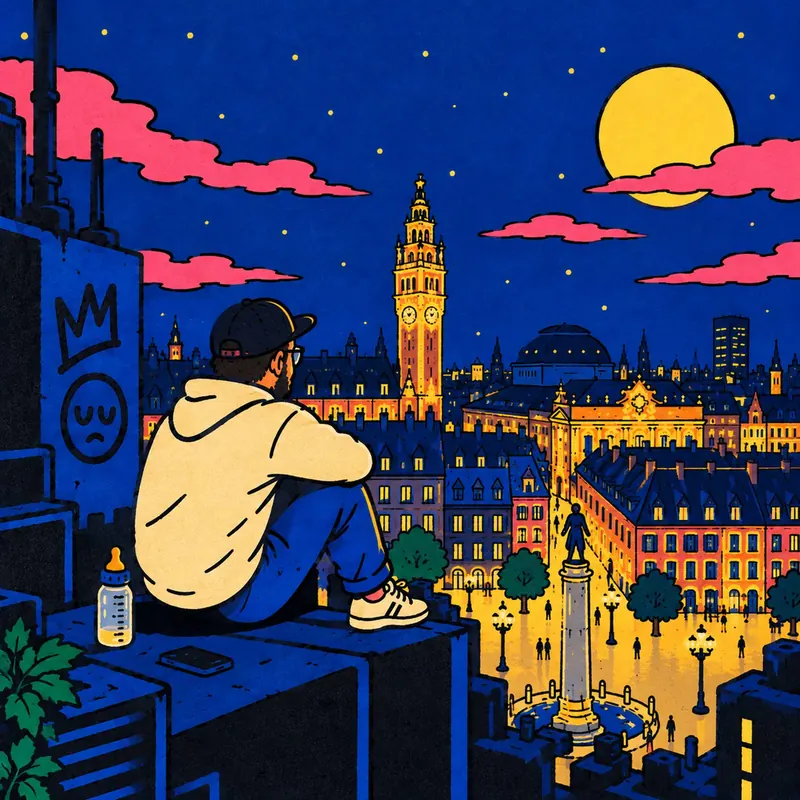 La nuit, Gianni est assis sur un toit face à la ville illuminée et au beffroi. Un biberon est posé à côté de lui.