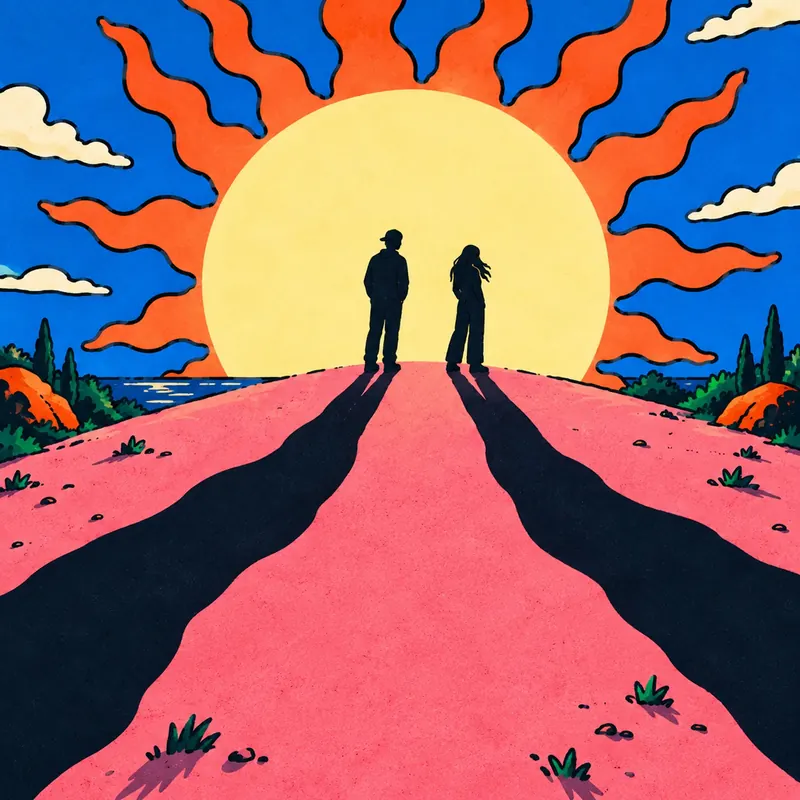 Deux silhouettes debout devant un soleil immense, leurs ombres étirées sur un chemin rose.