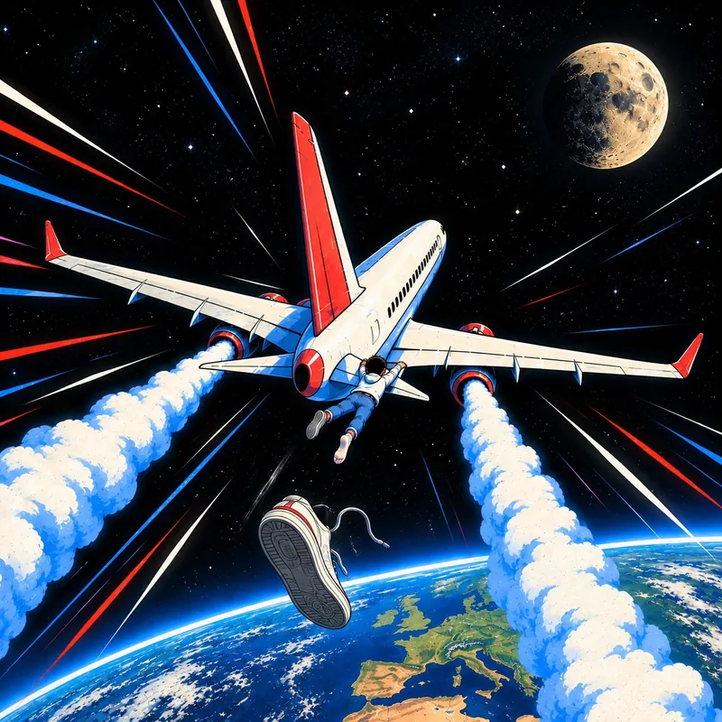 Gianni s’accroche à un avion qui file dans l’espace au-dessus de la Terre. Une de ses baskets tombe dans le vide.