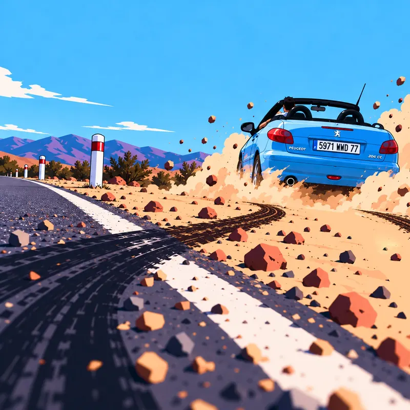 Une Peugeot 206 cabriolet bleue quitte l’asphalte et part dans la terre, laissant ses traces de pneus derrière elle.