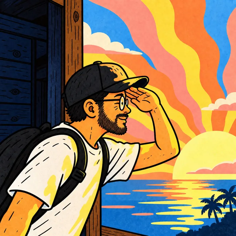 Gianni, sac sur l’épaule, sur le pas d’une porte, la main en visière face à un lever de soleil sur la mer.