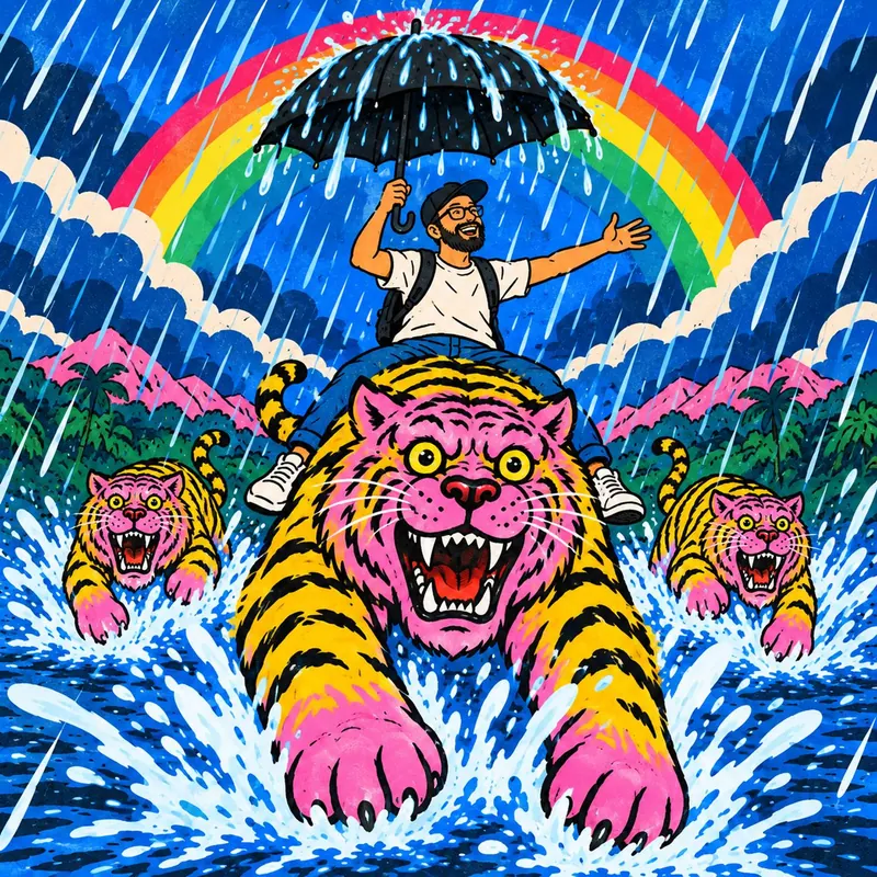 Sous une pluie battante et un arc-en-ciel, Gianni éclate de rire, parapluie à la main, à cheval sur un tigre rose et jaune.