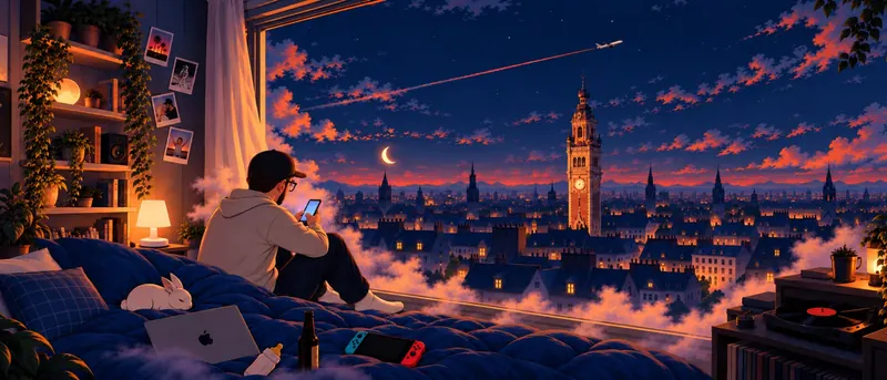La nuit, dans sa chambre, Gianni regarde son téléphone devant une grande fenêtre ouverte sur les toits de Lille et le beffroi. Un lapin dort sur la couette, à côté d’un ordinateur, d’un biberon et d’une console.