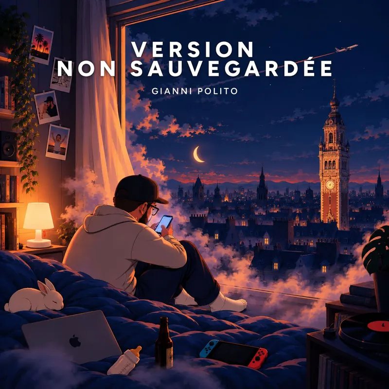 Pochette de l’album Version non sauvegardée de Gianni Polito : Gianni, de dos, regarde son téléphone devant la fenêtre ouverte sur la ville la nuit.